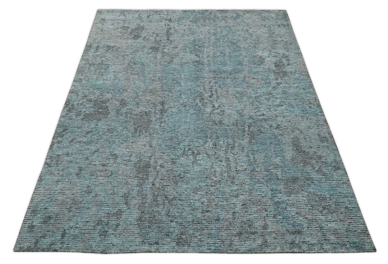 8x10 hand knotted Ivory, Aqua and Charcoal Modern Abstract Wool and Bamboo Silk Area Rug - The Rug Decor