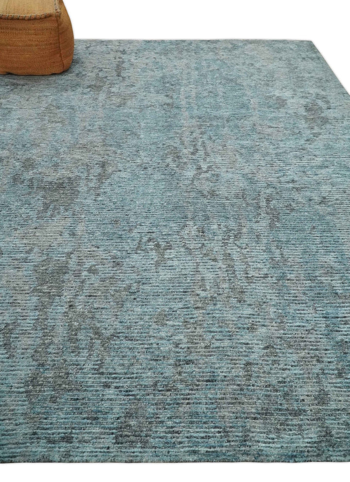 8x10 hand knotted Ivory, Aqua and Charcoal Modern Abstract Wool and Bamboo Silk Area Rug - The Rug Decor