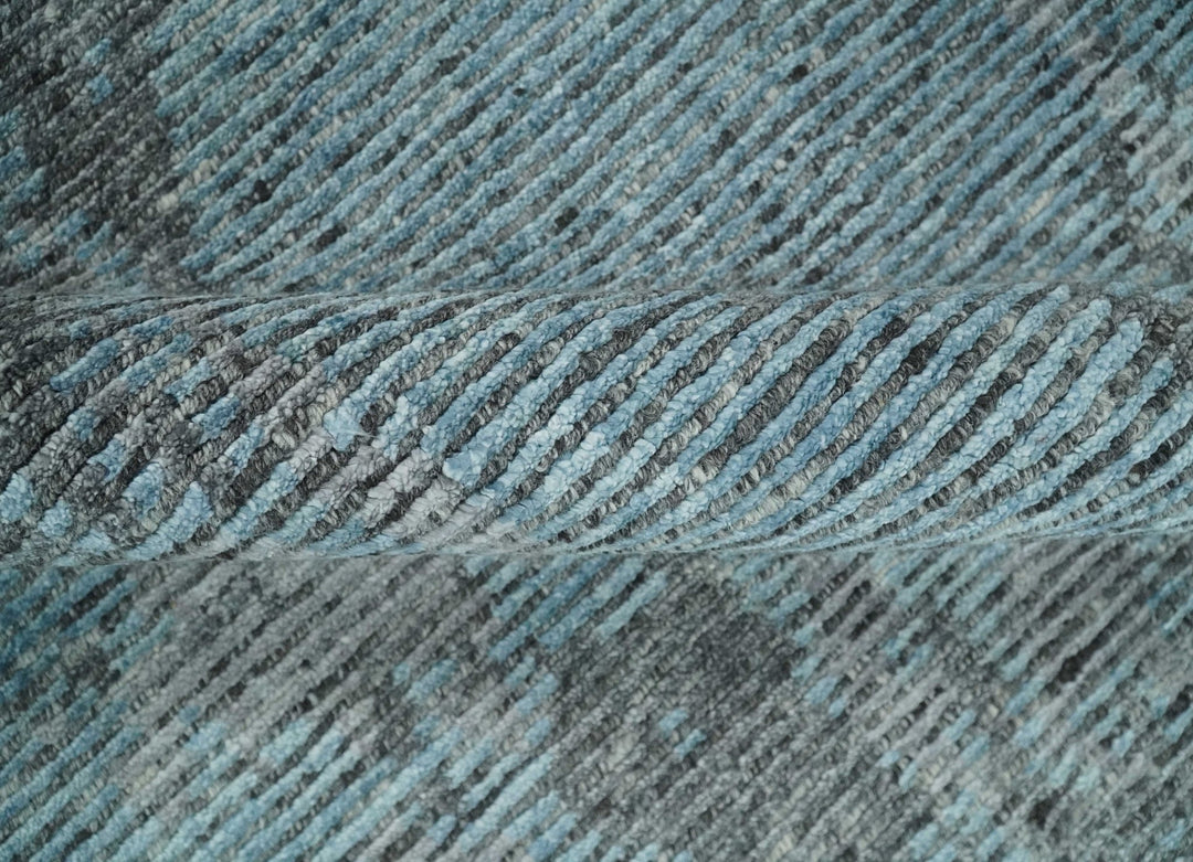 8x10 hand knotted Ivory, Aqua and Charcoal Modern Abstract Wool and Bamboo Silk Area Rug - The Rug Decor