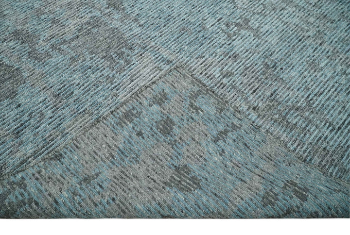 8x10 hand knotted Ivory, Aqua and Charcoal Modern Abstract Wool and Bamboo Silk Area Rug - The Rug Decor