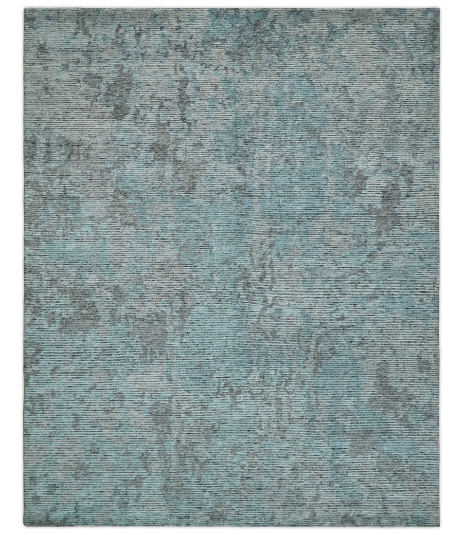 8x10 hand knotted Ivory, Aqua and Charcoal Modern Abstract Wool and Bamboo Silk Area Rug - The Rug Decor