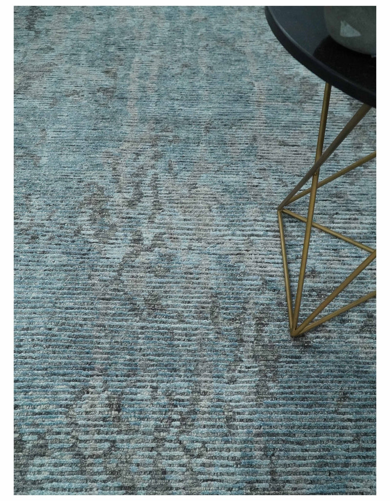 8x10 hand knotted Ivory, Aqua and Charcoal Modern Abstract Wool and Bamboo Silk Area Rug - The Rug Decor