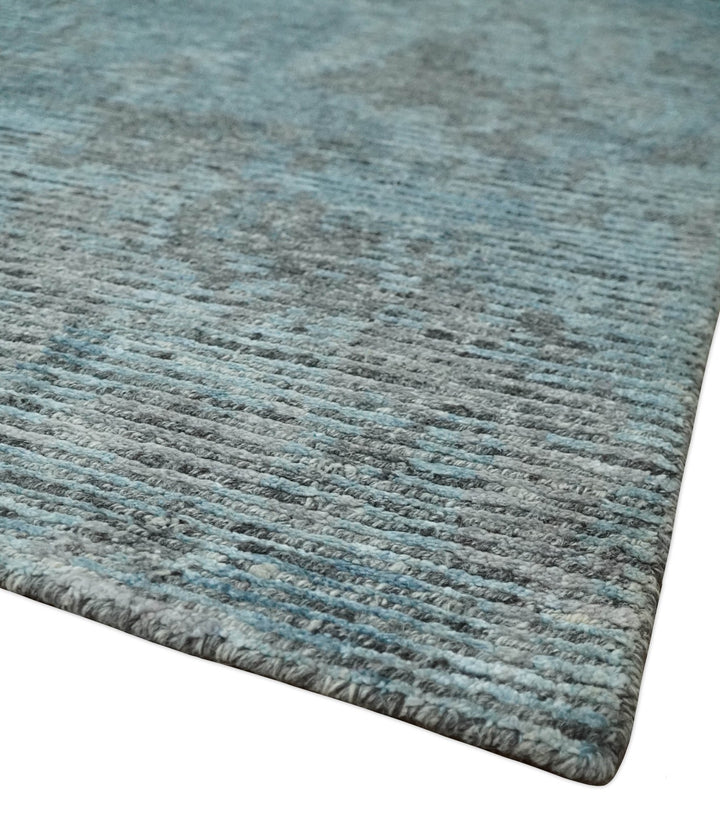 8x10 hand knotted Ivory, Aqua and Charcoal Modern Abstract Wool and Bamboo Silk Area Rug - The Rug Decor