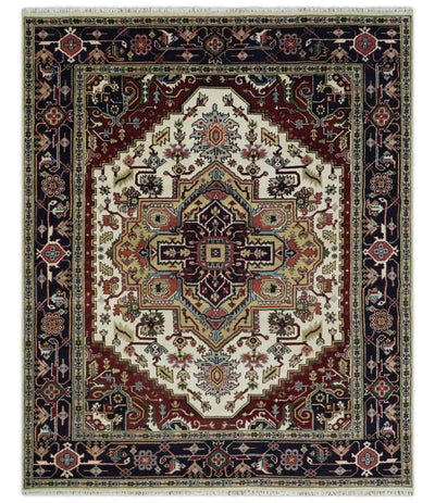 8x10 Hand Knotted Ivory, Brown and Blue Traditional Antique Wool Area Rug - The Rug Decor