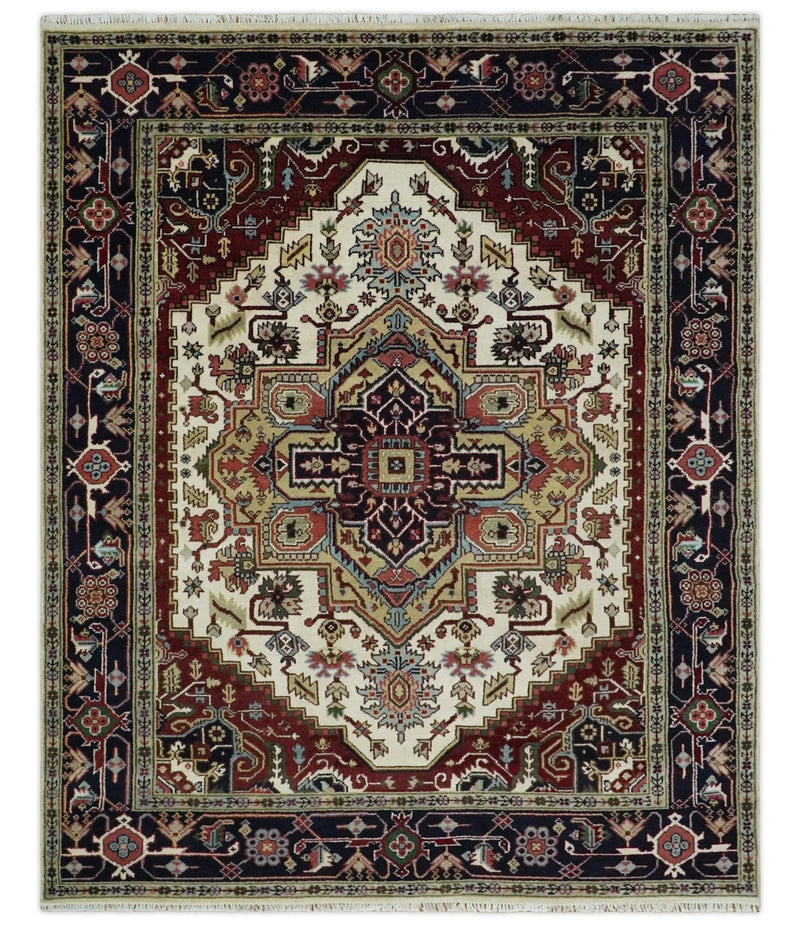 8x10 Hand Knotted Ivory, Brown and Blue Traditional Antique Wool Area Rug - The Rug Decor