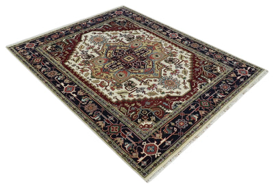 8x10 Hand Knotted Ivory, Brown and Blue Traditional Antique Wool Area Rug - The Rug Decor