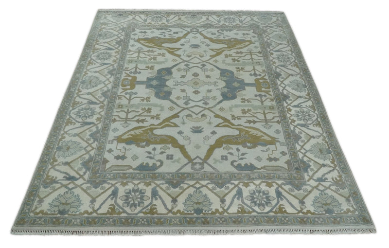 8x10 Hand Knotted Ivory, Brown and Silver Antique Turkish Oushak Large Wool Area Rug | TRDCP1059810 - The Rug Decor