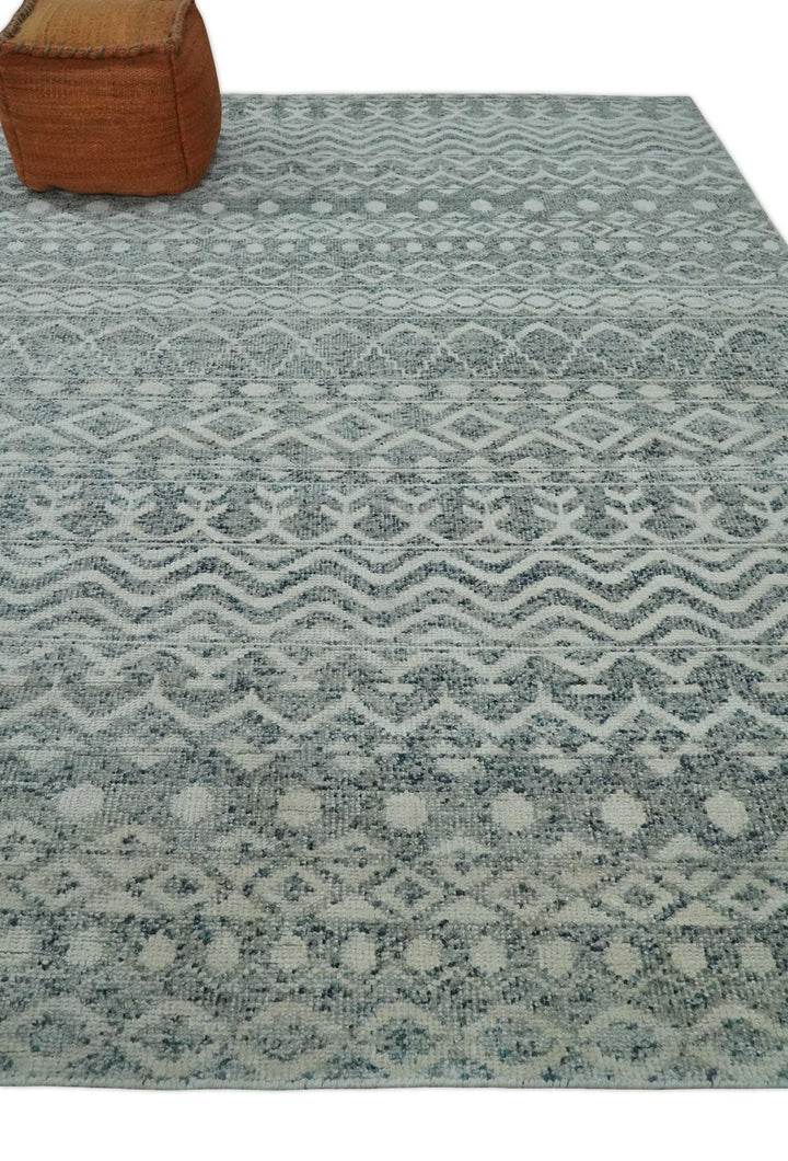 8x10 Hand Knotted Ivory, Gray and Blue Modern Contemporary Southwestern Tribal Trellis Recycled Silk Area Rug | OP40 - The Rug Decor