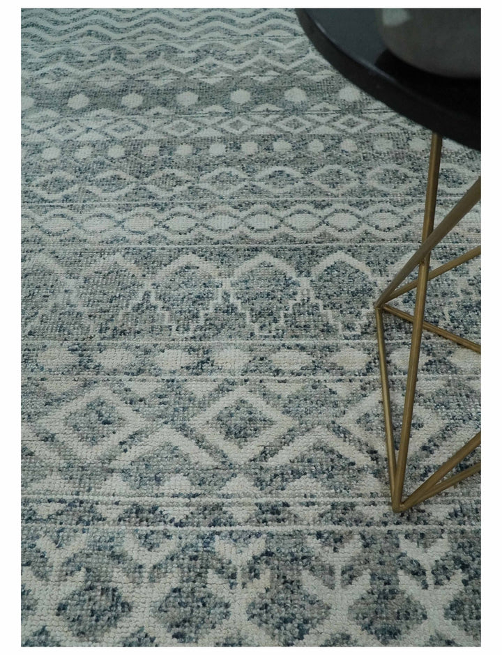 8x10 Hand Knotted Ivory, Gray and Blue Modern Contemporary Southwestern Tribal Trellis Recycled Silk Area Rug | OP40 - The Rug Decor