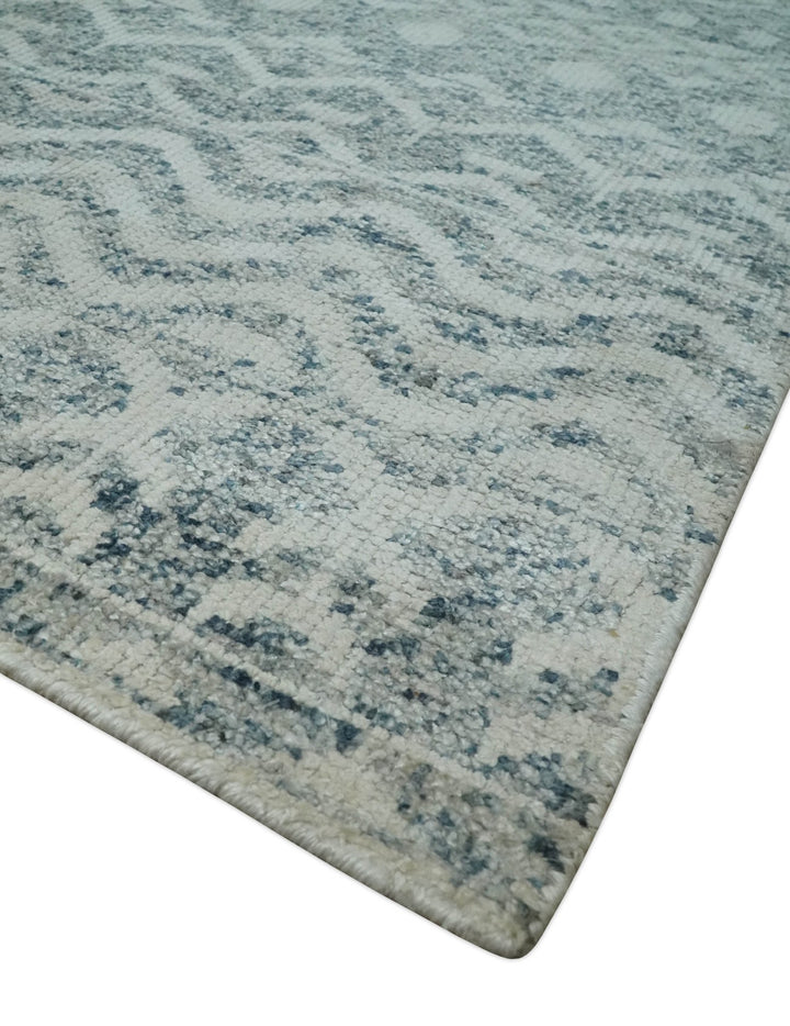8x10 Hand Knotted Ivory, Gray and Blue Modern Contemporary Southwestern Tribal Trellis Recycled Silk Area Rug | OP40 - The Rug Decor