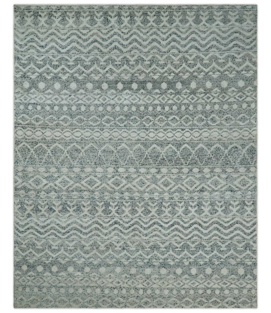 8x10 Hand Knotted Ivory, Gray and Blue Modern Contemporary Southwestern Tribal Trellis Recycled Silk Area Rug | OP40 - The Rug Decor