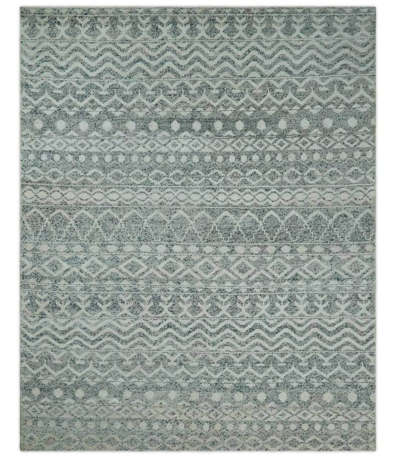 8x10 Hand Knotted Ivory, Gray and Blue Modern Contemporary Southwestern Tribal Trellis Recycled Silk Area Rug | OP40 - The Rug Decor