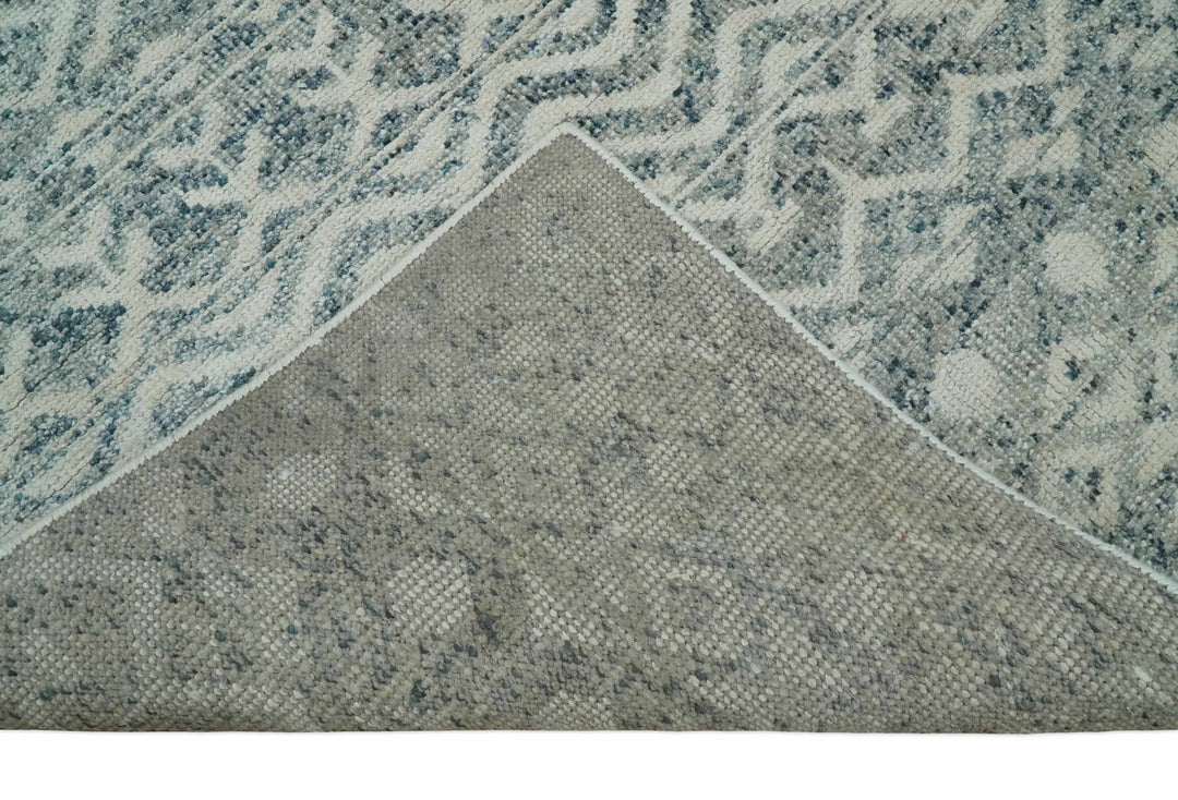 8x10 Hand Knotted Ivory, Gray and Blue Modern Contemporary Southwestern Tribal Trellis Recycled Silk Area Rug | OP40 - The Rug Decor