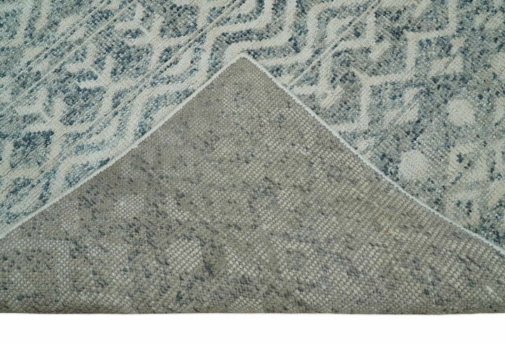 8x10 Hand Knotted Ivory, Gray and Blue Modern Contemporary Southwestern Tribal Trellis Recycled Silk Area Rug | OP40 - The Rug Decor