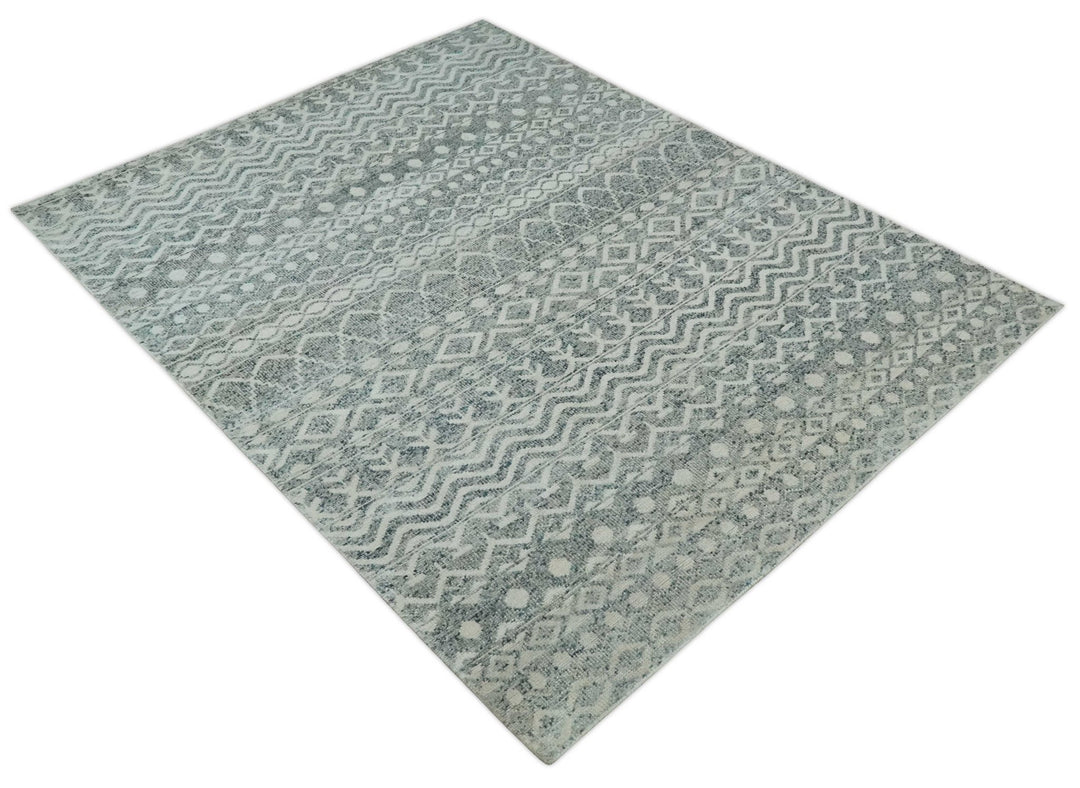 8x10 Hand Knotted Ivory, Gray and Blue Modern Contemporary Southwestern Tribal Trellis Recycled Silk Area Rug | OP40 - The Rug Decor