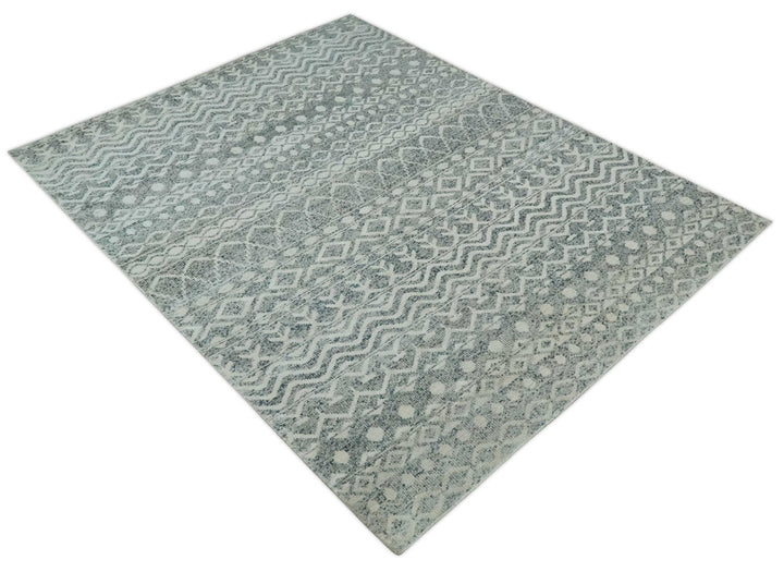 8x10 Hand Knotted Ivory, Gray and Blue Modern Contemporary Southwestern Tribal Trellis Recycled Silk Area Rug | OP40 - The Rug Decor