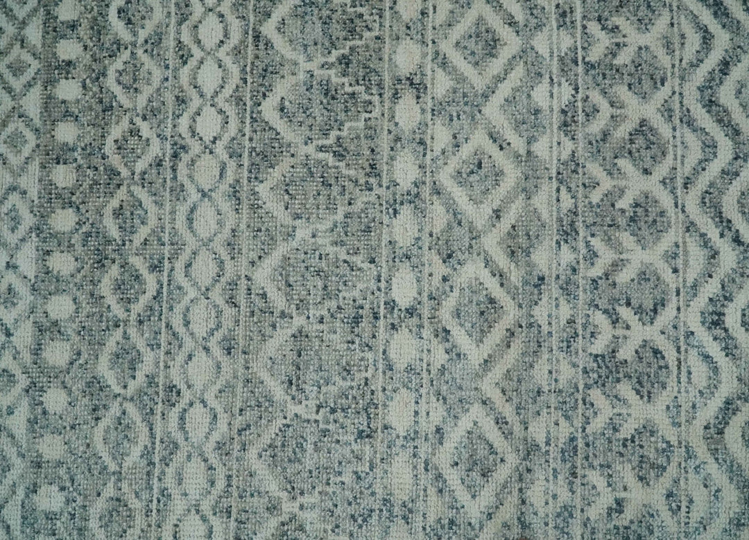 8x10 Hand Knotted Ivory, Gray and Blue Modern Contemporary Southwestern Tribal Trellis Recycled Silk Area Rug | OP40 - The Rug Decor