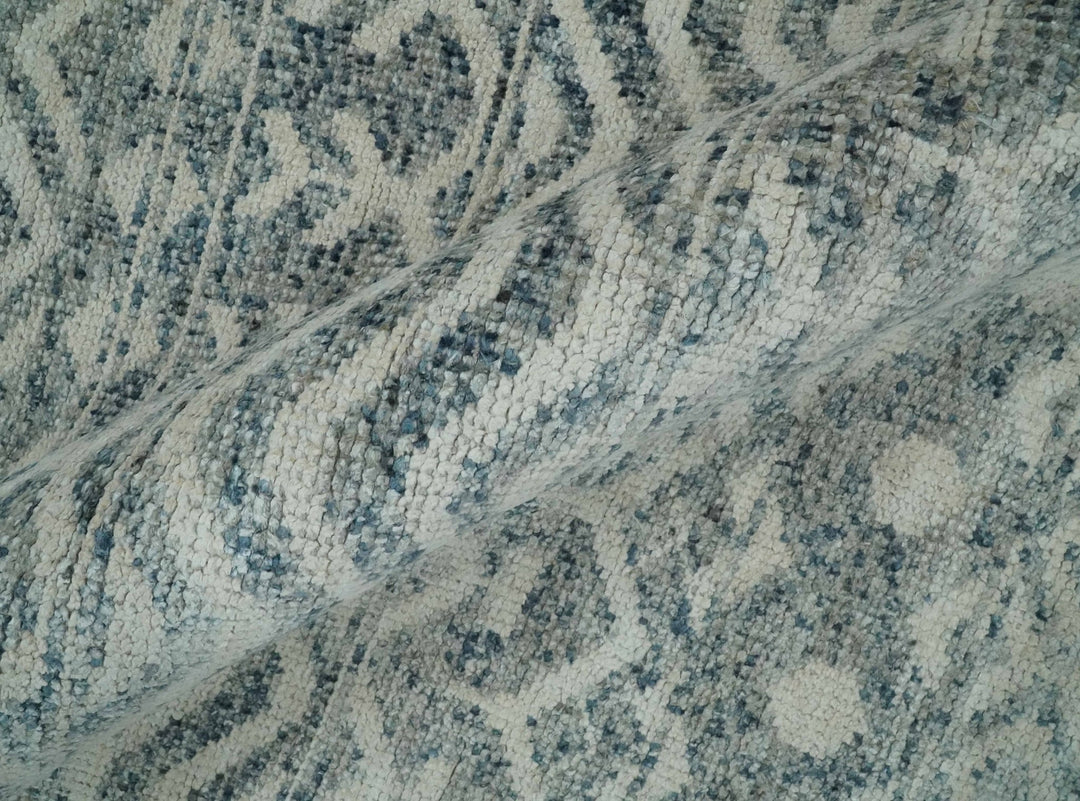 8x10 Hand Knotted Ivory, Gray and Blue Modern Contemporary Southwestern Tribal Trellis Recycled Silk Area Rug | OP40 - The Rug Decor