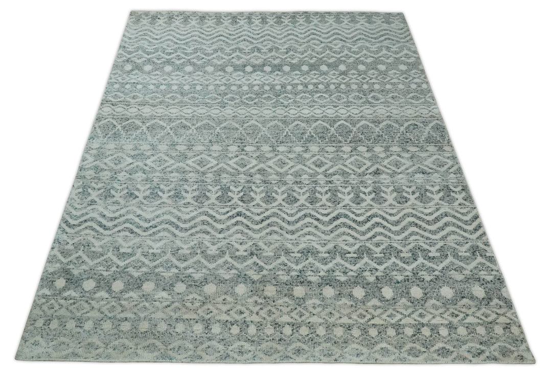 8x10 Hand Knotted Ivory, Gray and Blue Modern Contemporary Southwestern Tribal Trellis Recycled Silk Area Rug | OP40 - The Rug Decor