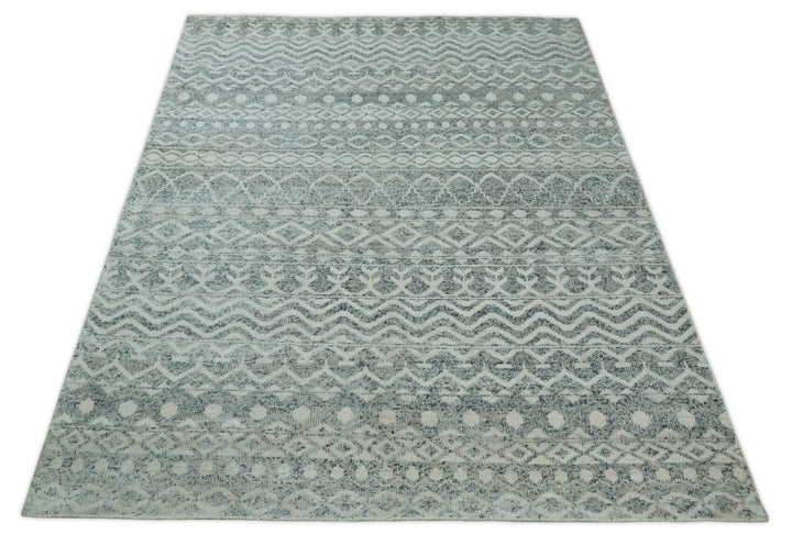 8x10 Hand Knotted Ivory, Gray and Blue Modern Contemporary Southwestern Tribal Trellis Recycled Silk Area Rug | OP40 - The Rug Decor