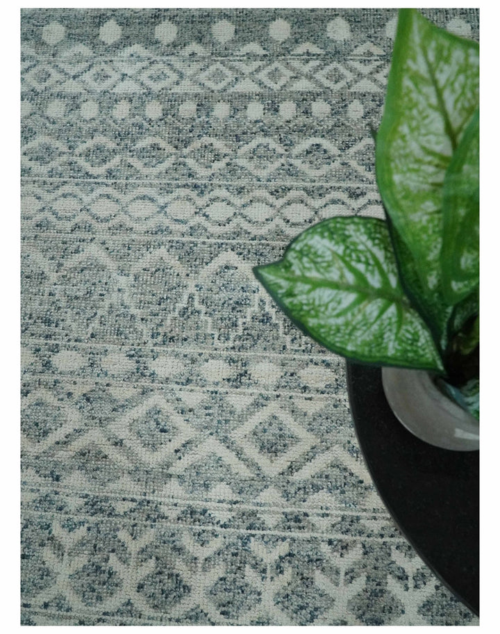 8x10 Hand Knotted Ivory, Gray and Blue Modern Contemporary Southwestern Tribal Trellis Recycled Silk Area Rug | OP40 - The Rug Decor