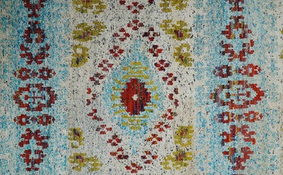 8x10 Hand Knotted Ivory, Red and Blue Persian made of Recycled Silk Area Rug | OP53 - The Rug Decor