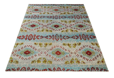 8x10 Hand Knotted Ivory, Red and Blue Persian made of Recycled Silk Area Rug | OP53 - The Rug Decor