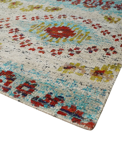 8x10 Hand Knotted Ivory, Red and Blue Persian made of Recycled Silk Area Rug | OP53 - The Rug Decor