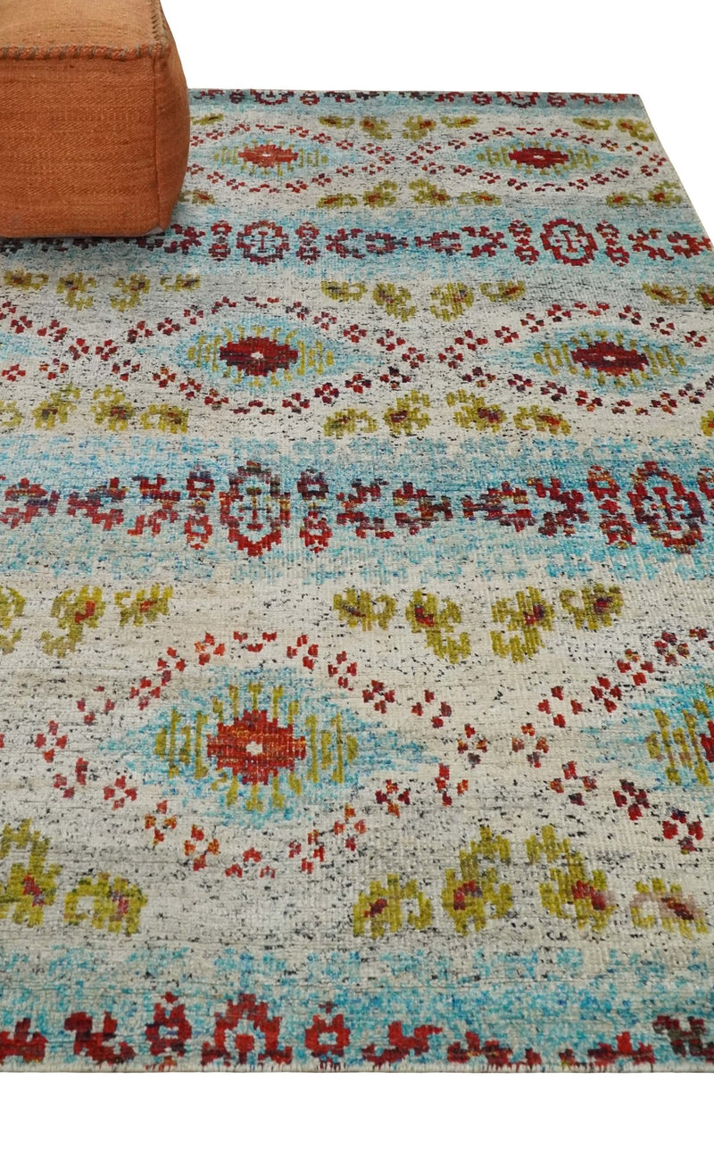 8x10 Hand Knotted Ivory, Red and Blue Persian made of Recycled Silk Area Rug | OP53 - The Rug Decor