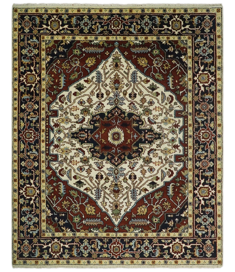 8x10 Hand Knotted Ivory Red and Blue Traditional Heriz Serapi Antique Wool Rug | TRDCP601810 - The Rug Decor