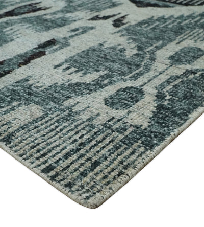 8x10 Hand Knotted Ivory, Teal and Black Antique Persian Style Contemporary Recycled Silk Area Rug | OP39 - The Rug Decor