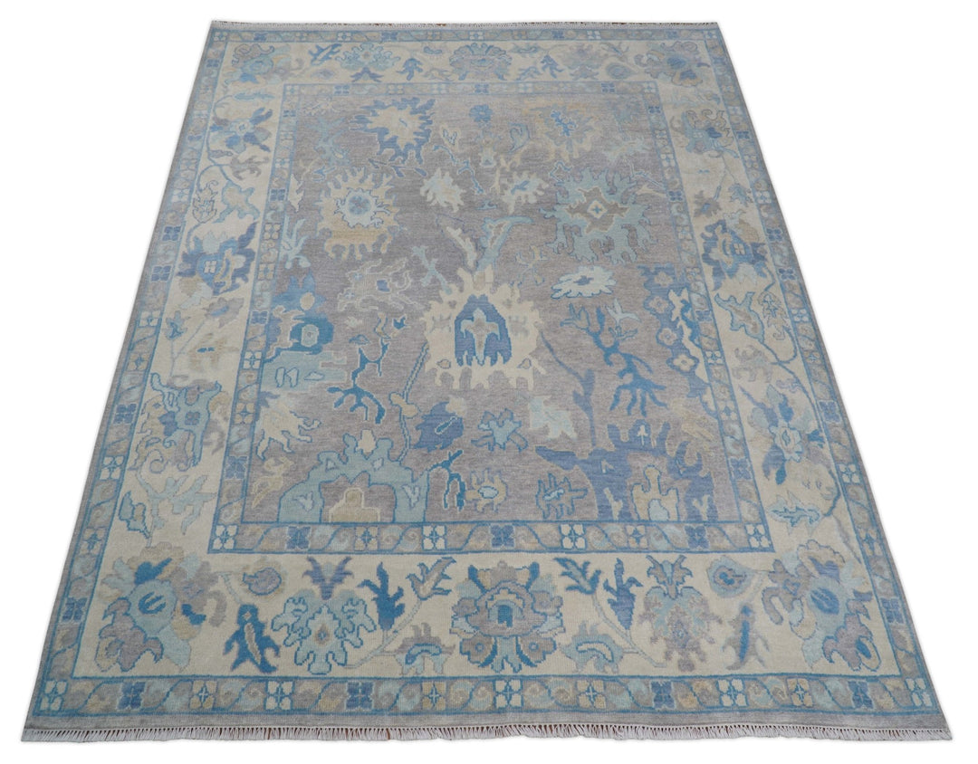 8x10 Hand Knotted Lavender Blue and Beige Traditional Persian Oushak Wool Rug | TRDCP761810 - The Rug Decor