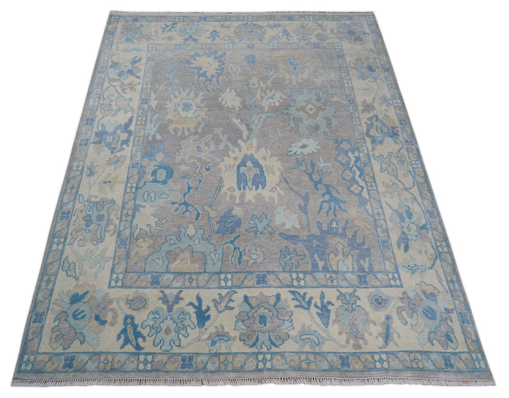 8x10 Hand Knotted Lavender Blue and Beige Traditional Persian Oushak Wool Rug | TRDCP761810 - The Rug Decor