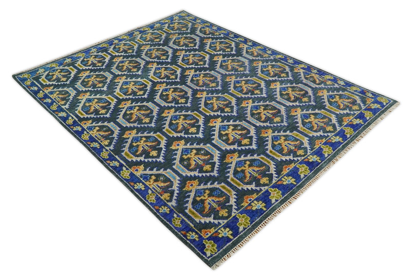8x10 Hand Knotted Moss Green and Blue Wool Antique Vintage Persian Area Rug | TRDCP667810 - The Rug Decor
