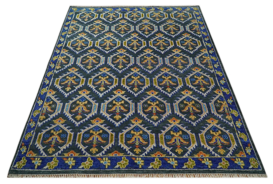 8x10 Hand Knotted Moss Green and Blue Wool Antique Vintage Persian Area Rug | TRDCP667810 - The Rug Decor