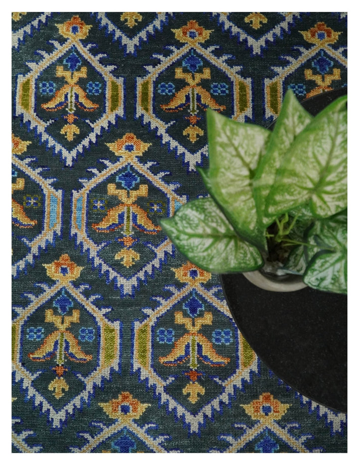 8x10 Hand Knotted Moss Green and Blue Wool Antique Vintage Persian Area Rug | TRDCP667810 - The Rug Decor