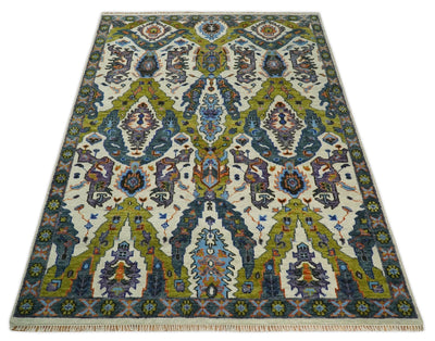 8x10 Hand Knotted Moss Green, Ivory and Blue Wool Antique Vintage Persian Area Rug | TRDCP694810 - The Rug Decor