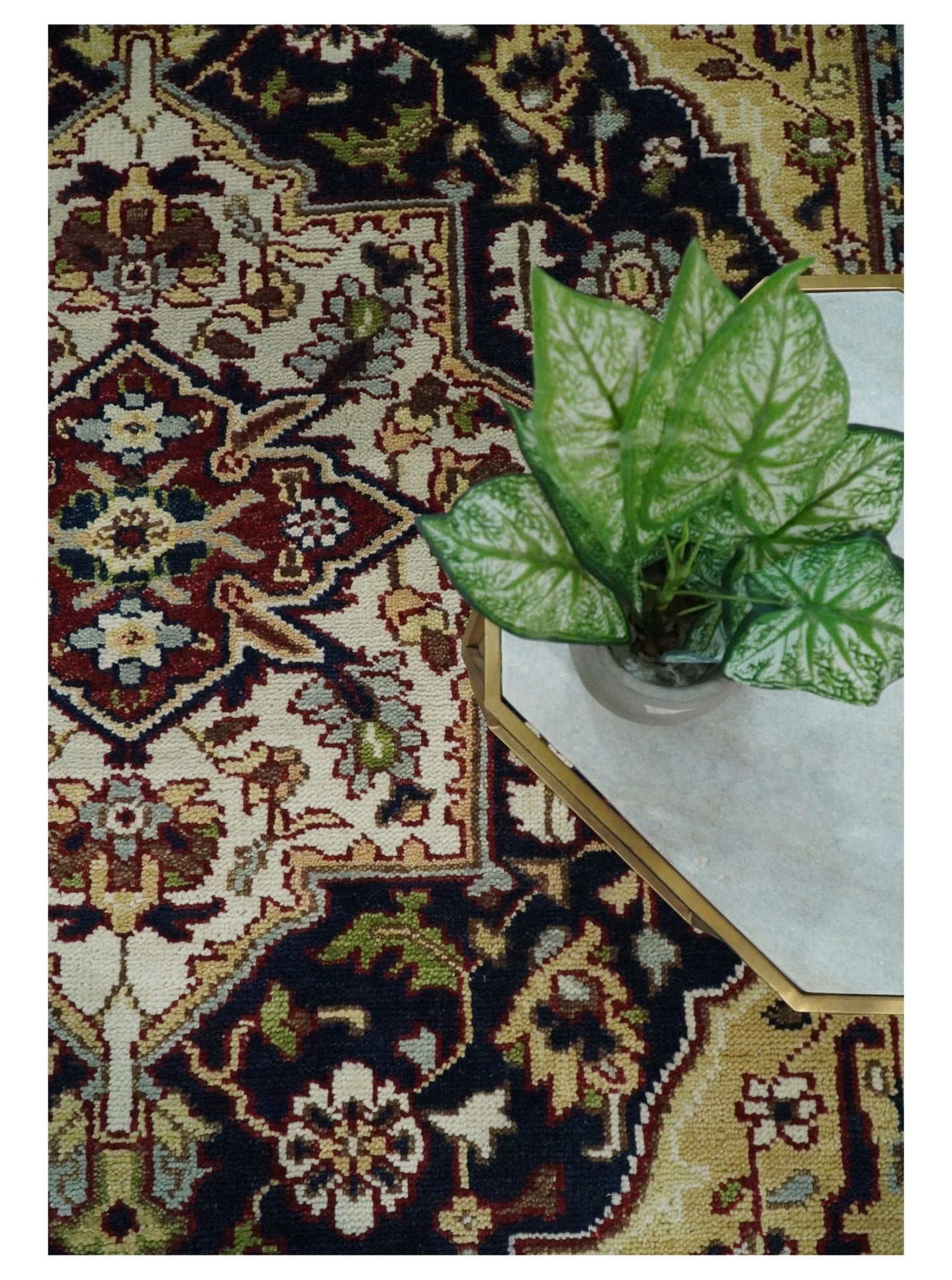 8x10 Hand Knotted Navy Blue, Ivory and Rust Traditional Vintage Heriz Serapi Antique Wool Rug | TRDCP559810 - The Rug Decor