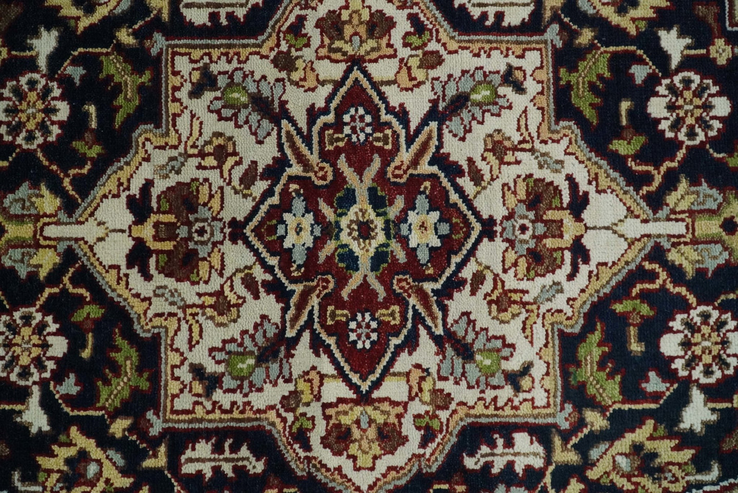 8x10 Hand Knotted Navy Blue, Ivory and Rust Traditional Vintage Heriz Serapi Antique Wool Rug | TRDCP559810 - The Rug Decor