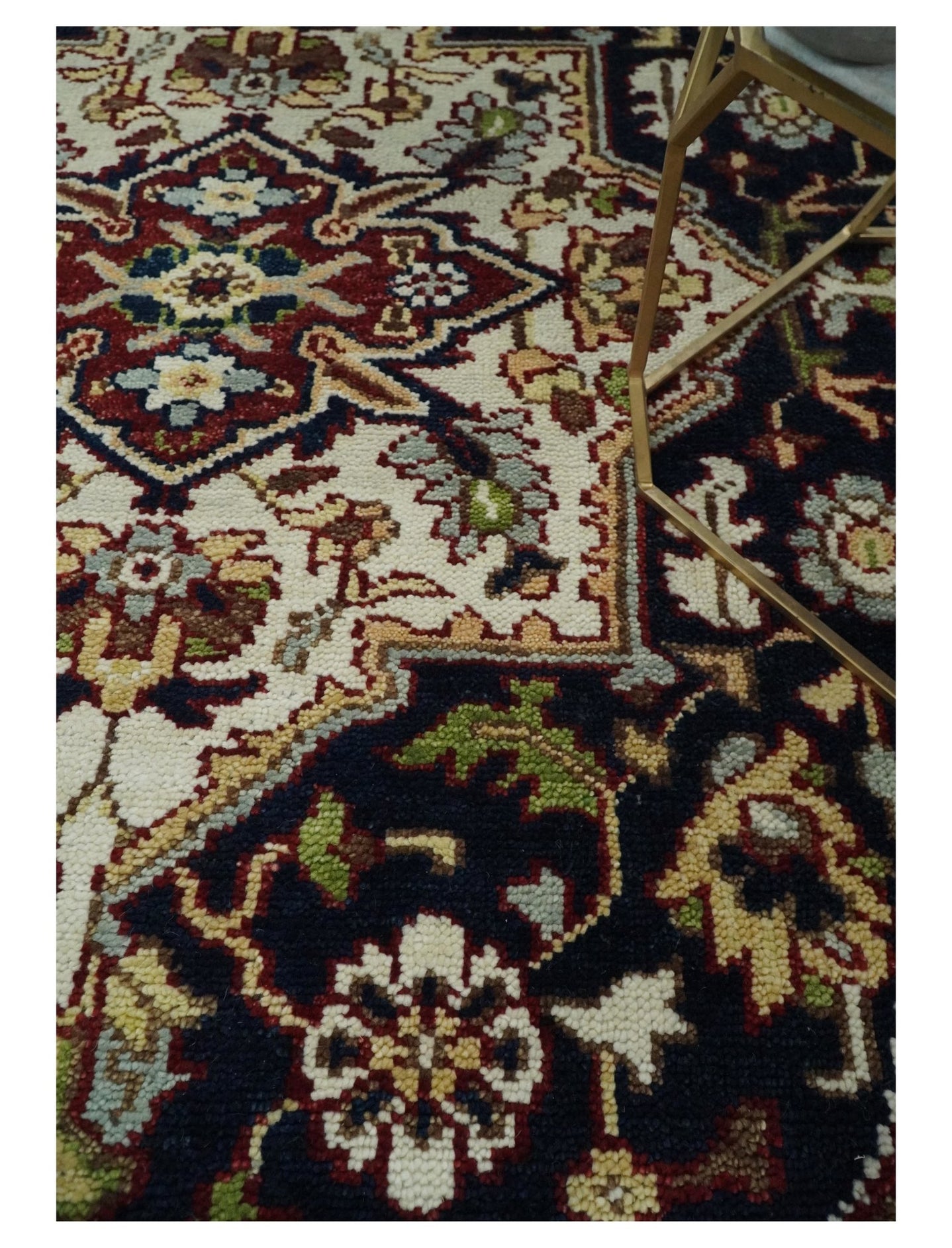 8x10 Hand Knotted Navy Blue, Ivory and Rust Traditional Vintage Heriz Serapi Antique Wool Rug | TRDCP559810 - The Rug Decor