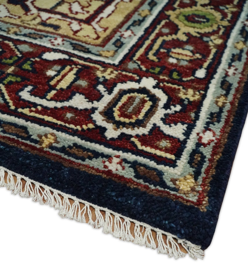 8x10 Hand Knotted Navy Blue, Ivory and Rust Traditional Vintage Heriz Serapi Antique Wool Rug | TRDCP559810 - The Rug Decor