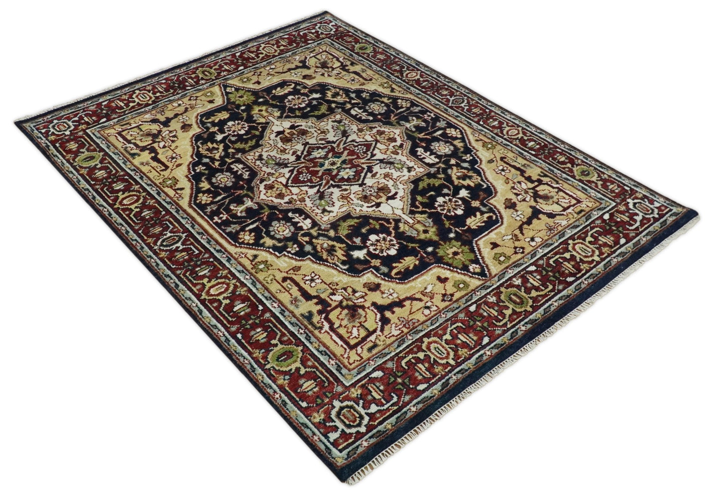 8x10 Hand Knotted Navy Blue, Ivory and Rust Traditional Vintage Heriz Serapi Antique Wool Rug | TRDCP559810 - The Rug Decor