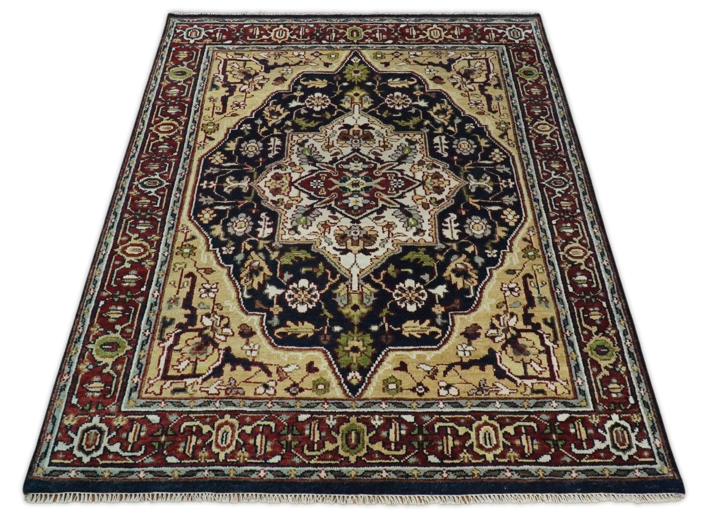 8x10 Hand Knotted Navy Blue, Ivory and Rust Traditional Vintage Heriz Serapi Antique Wool Rug | TRDCP559810 - The Rug Decor