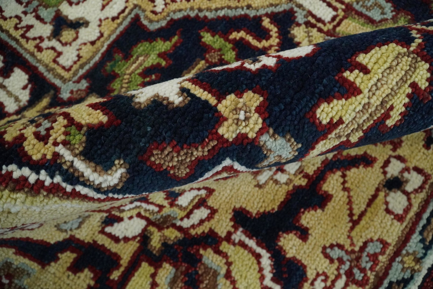 8x10 Hand Knotted Navy Blue, Ivory and Rust Traditional Vintage Heriz Serapi Antique Wool Rug | TRDCP559810 - The Rug Decor