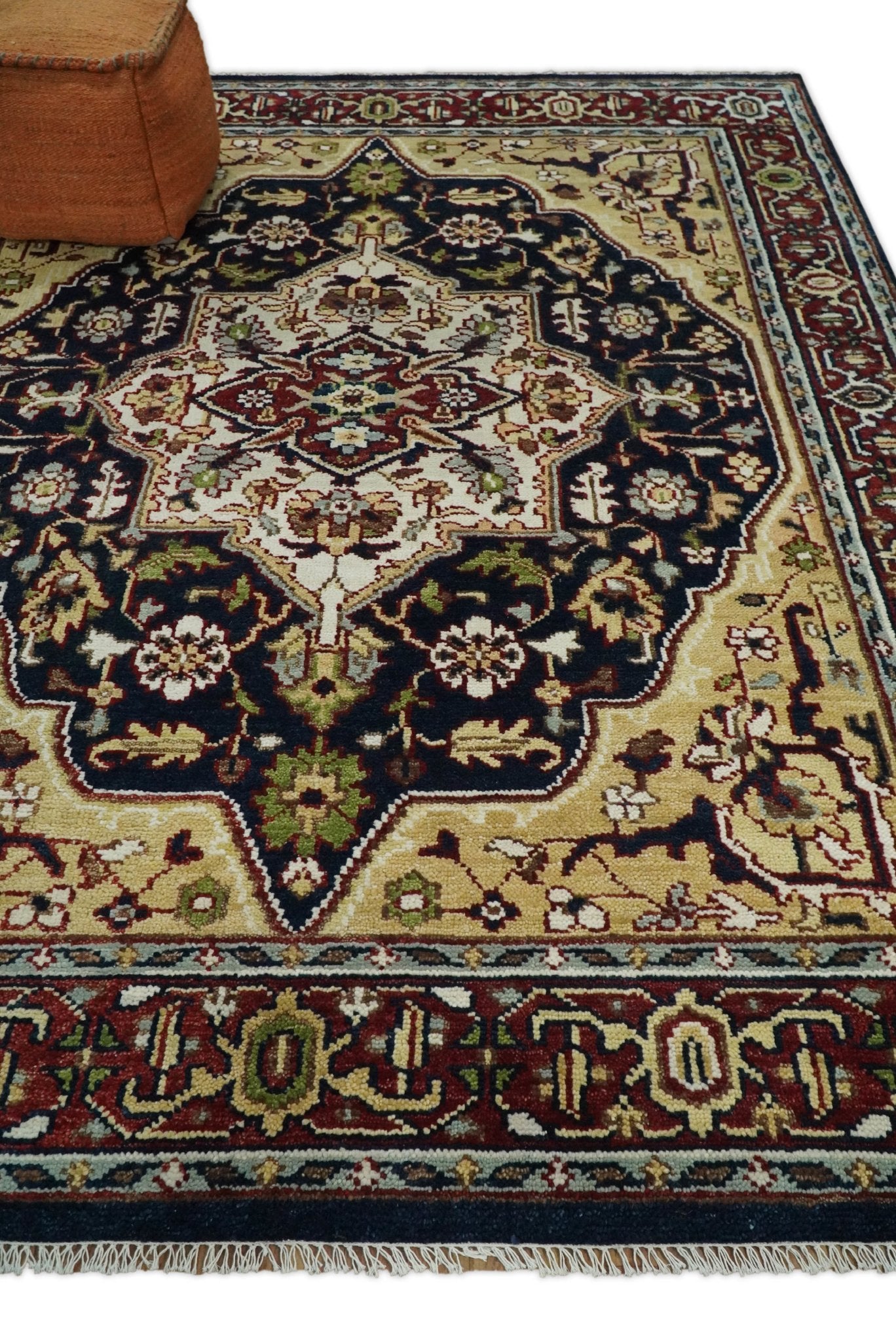 8x10 Hand Knotted Navy Blue, Ivory and Rust Traditional Vintage Heriz Serapi Antique Wool Rug | TRDCP559810 - The Rug Decor