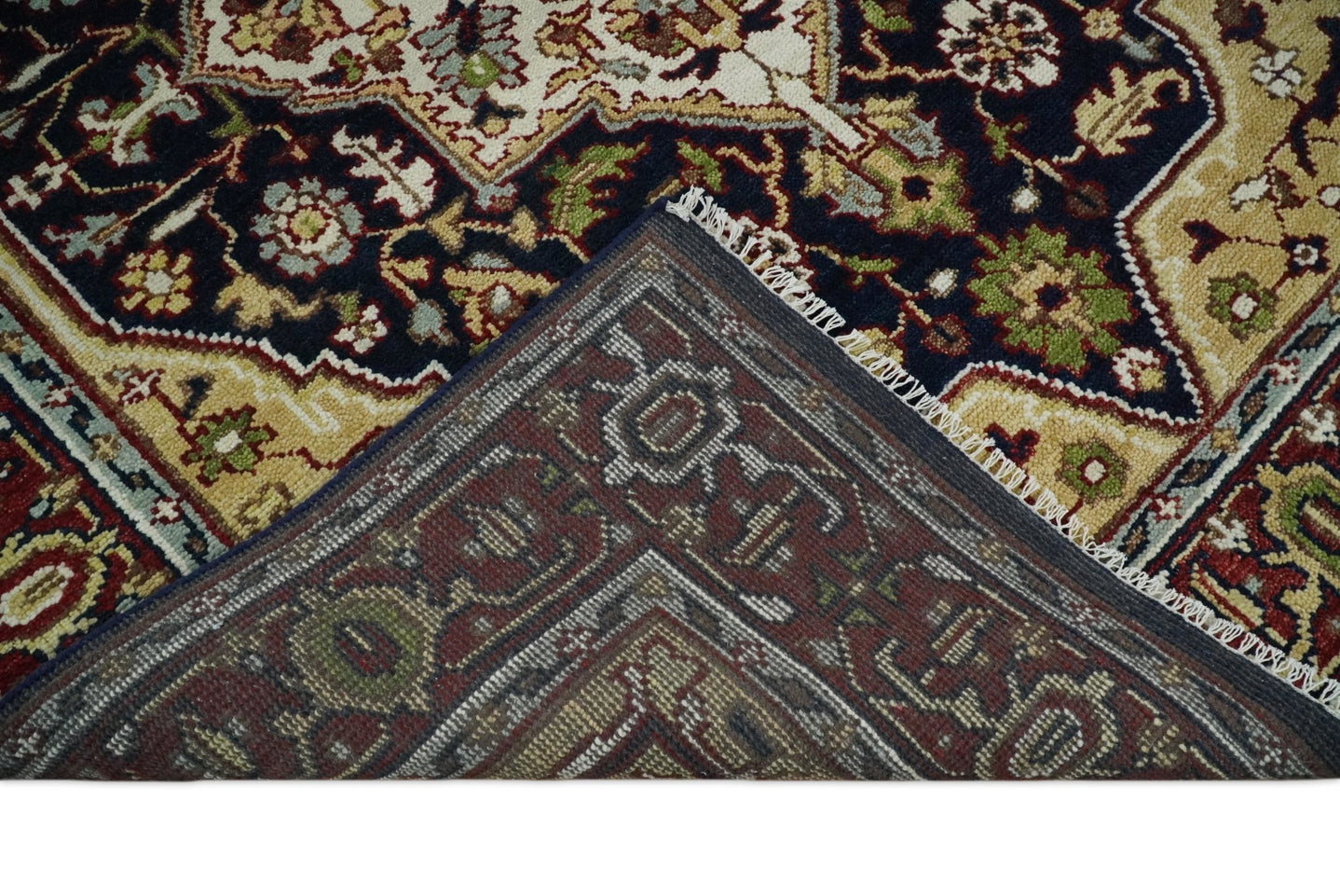 8x10 Hand Knotted Navy Blue, Ivory and Rust Traditional Vintage Heriz Serapi Antique Wool Rug | TRDCP559810 - The Rug Decor