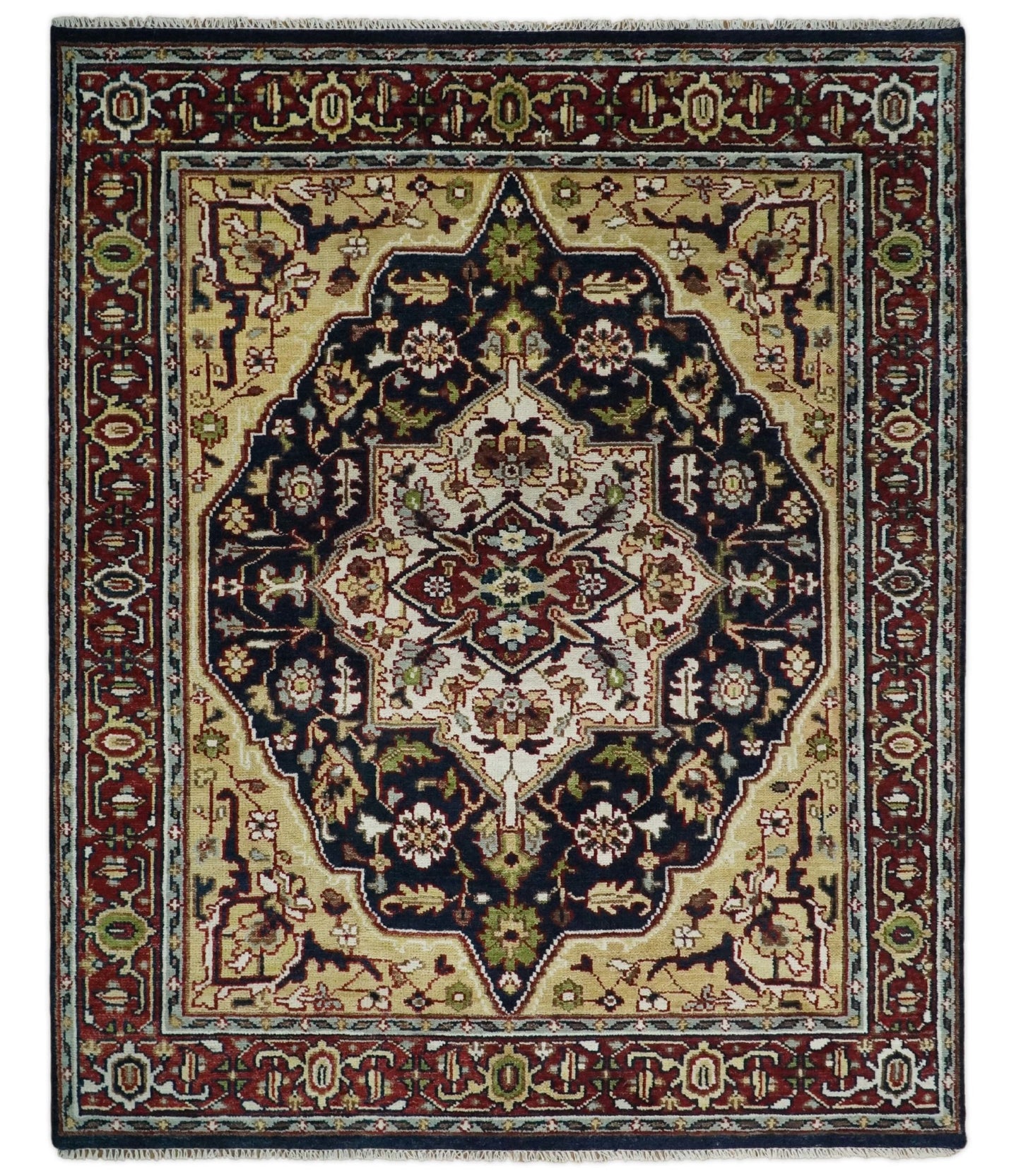 8x10 Hand Knotted Navy Blue, Ivory and Rust Traditional Vintage Heriz Serapi Antique Wool Rug | TRDCP559810 - The Rug Decor