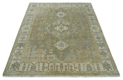 8x10 Hand Knotted Olive and Ivory Traditional Vintage Heriz Serapi Antique Wool Rug | TRDCP1076S - The Rug Decor
