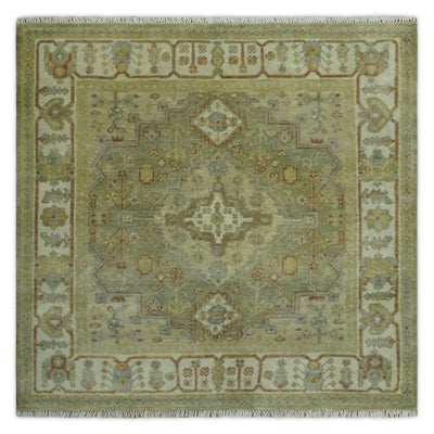 8x10 Hand Knotted Olive and Ivory Traditional Vintage Heriz Serapi Antique Wool Rug | TRDCP1076S - The Rug Decor