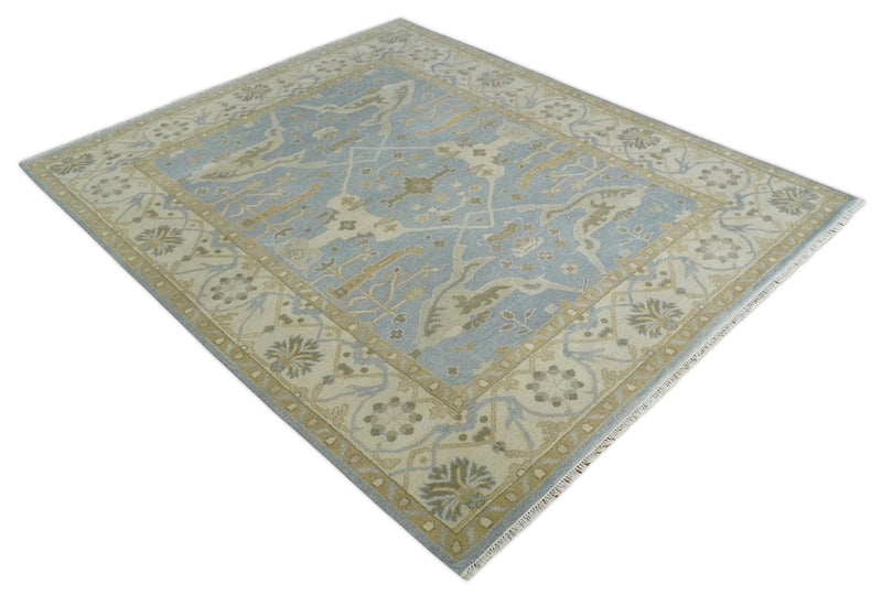 8x10 Hand Knotted Oriental Oushak Silver, Ivory and Beige Wool Area Rug | TRDCP1164810 - The Rug Decor